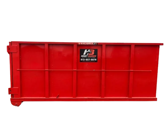 Side view of a red Honey Badger 10 yard dumpster rental bin