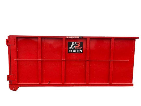 Side view of a red Honey Badger 10 yard dumpster rental bin