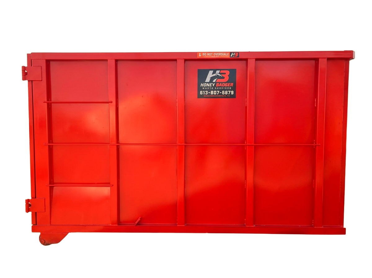 Exterior of a red Honey Badger 20 yard dumpster rental bin